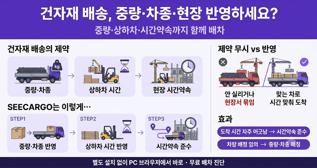 건자재·산업자재 배송 한눈에 보기 — 중량·차종·현장 상하차·시간약속을 반영한 배차
