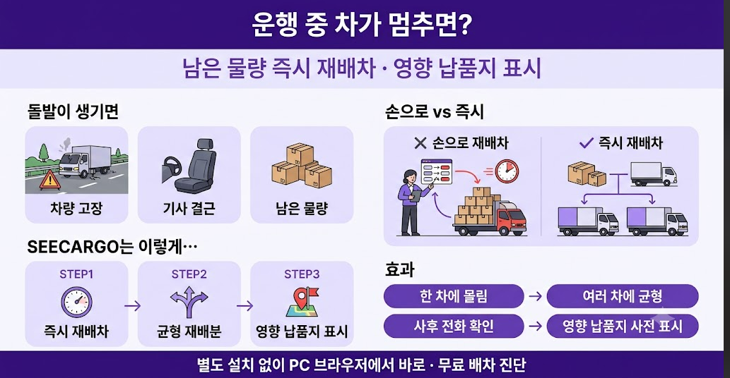 돌발 재배차 한눈에 보기 — 남은 물량 즉시 재배분·영향 납품지 표시