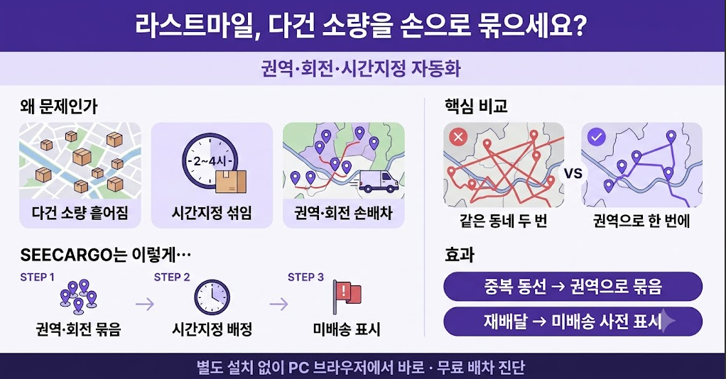 이커머스 라스트마일 한눈에 보기 — 다건 권역·회전 최적화와 시간지정 준수