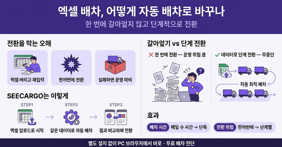엑셀 수기 배차에서 자동 배차로 전환하는 법 한눈에 보기 — 표준화·업로드·병행 전환