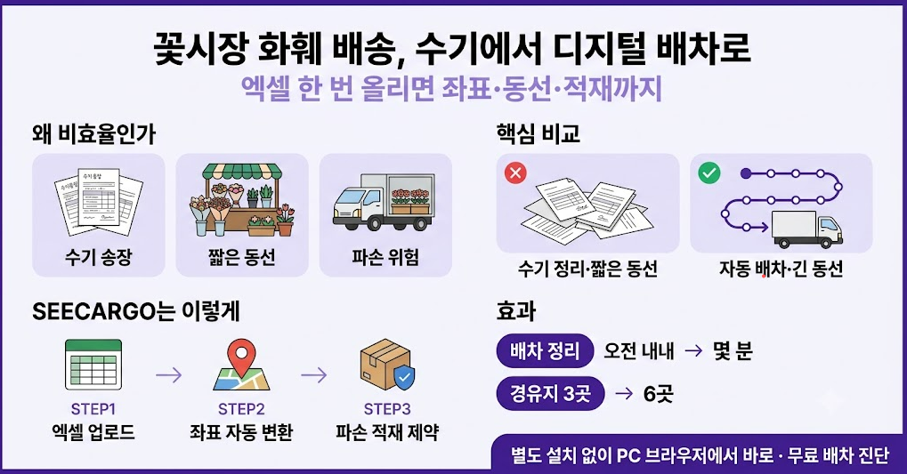 화훼 도매배송 디지털 전환 사례 한눈에 보기 — 수기 송장에서 자동 배차로