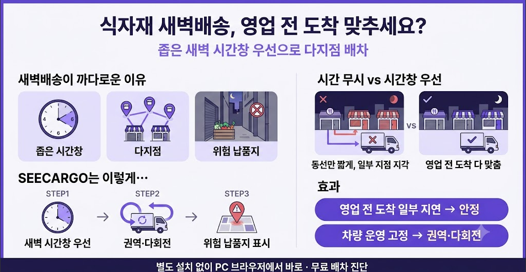 식자재 새벽배송 한눈에 보기 — 좁은 새벽 시간창에 다지점 영업 전 도착