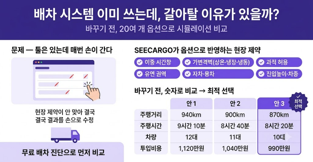 배차 시스템 교체 판단 한눈에 보기 — 현장 제약과 시뮬레이션 비교