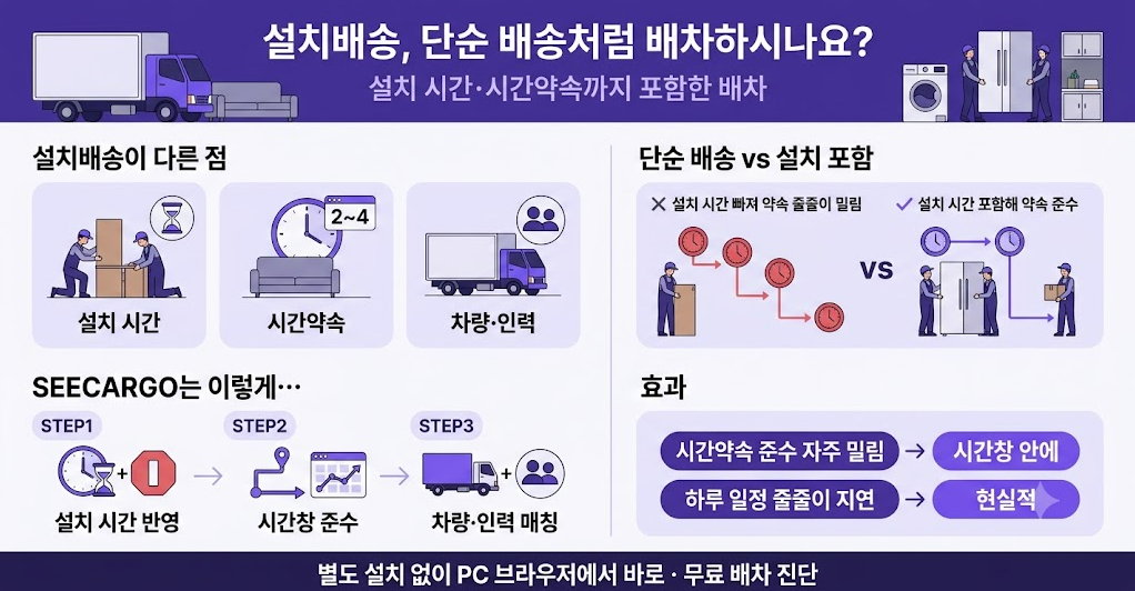 가구·대형가전 설치배송 한눈에 보기 — 설치 시간·시간약속을 포함한 배차