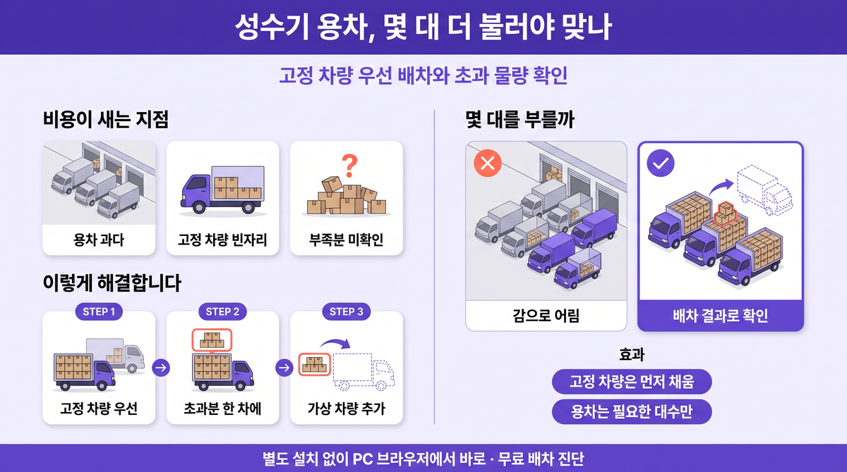 성수기 용차 대수 판단 사례 한눈에 보기 — 고정 차량 우선·초과 물량 표시·가상 차량 확인
