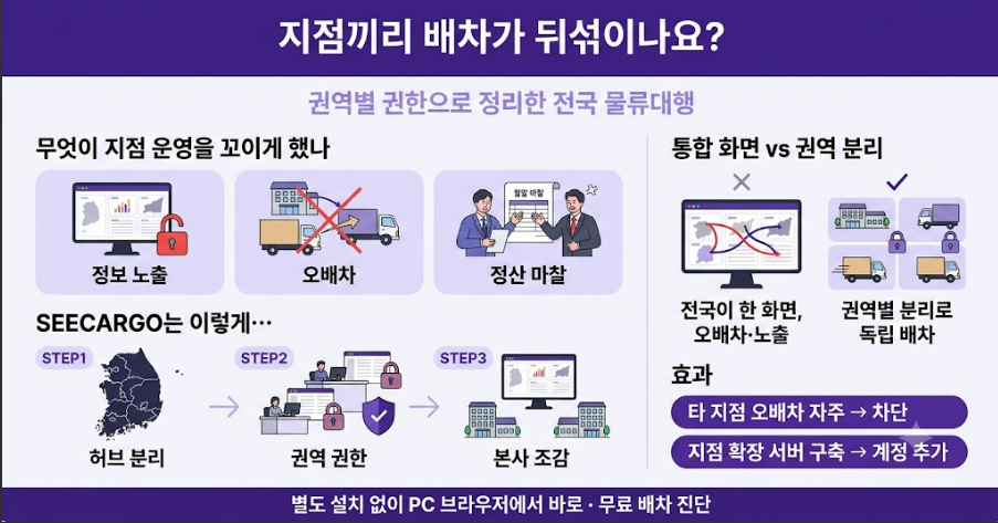 전국 물류대행 권역 권한 사례 한눈에 보기 — 지점별 허브 분리와 다권역 관리자 권한