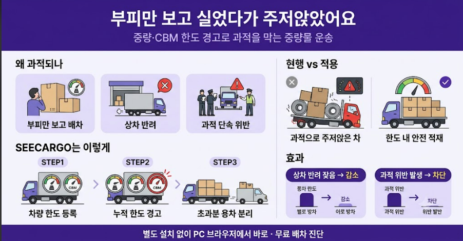중량물 운송 과적 방지 사례 한눈에 보기 — 중량·CBM 한도 경고와 초과분 용차 분리