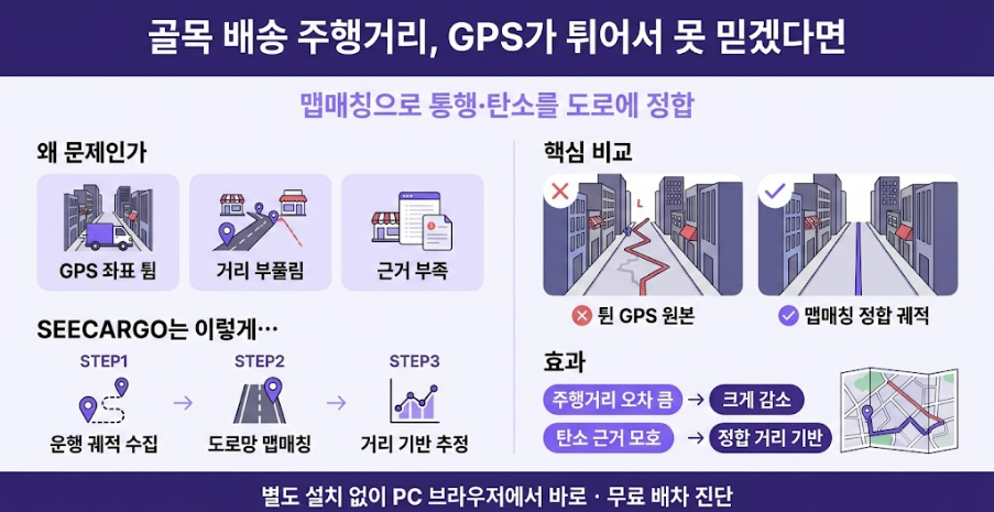 도심 리테일 골목 배송 맵매칭 사례 한눈에 보기 — 튄 GPS를 도로에 정합