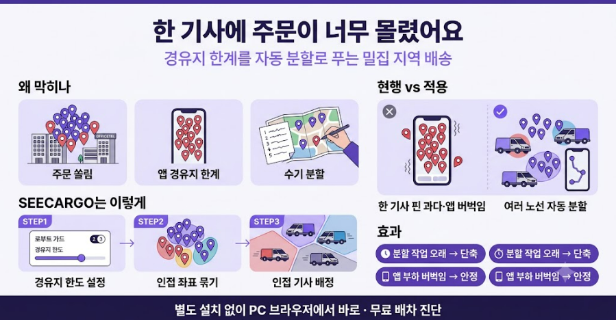 밀집 지역 배송 자동 분할 배차 사례 한눈에 보기 — 경유지 한도와 인접 노선 자동 분할